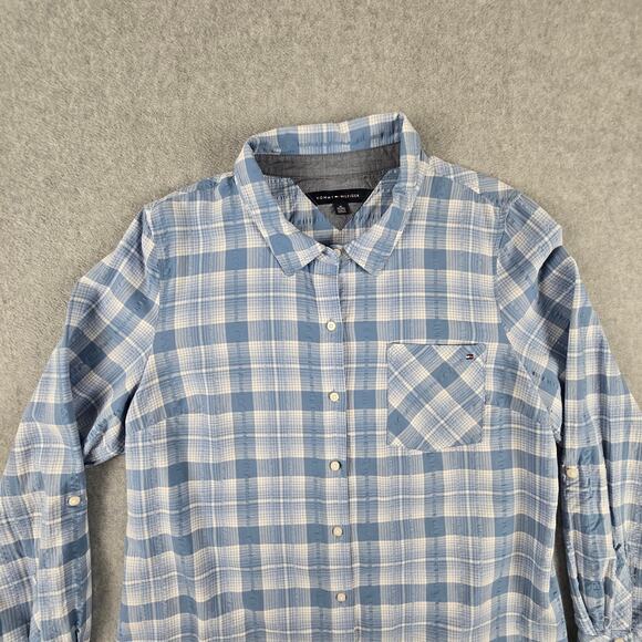 Tommy Hilfiger Shirt Womens Size XL Roll Tab Sleeves Blue Plaid Button Down - Picture 7 of 16